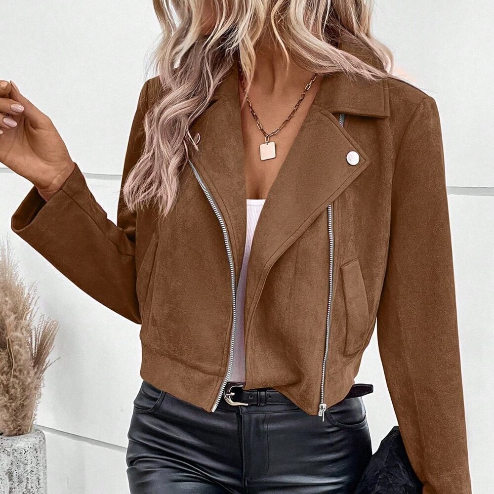 Coffee Brown Casual Women's Lapel Collar Zipper Crop Jacket